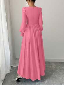 Modelyn 高端法式风格收腰纯色心形领插肩长袖系带长连衣裙 - 玫紅色 - 查看 2