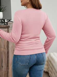 SHEIN LUNE 加大码冬季加厚圆领修身长袖保暖T恤，休闲日常假日T恤 - 粉色 - 查看 2