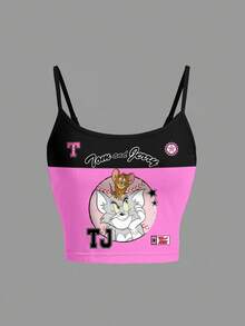 TOM & JERRY X SHEIN Women's Fashion Contrast Color Cartoon Pattern Cropped Camisole Top, Summer - White - View 1