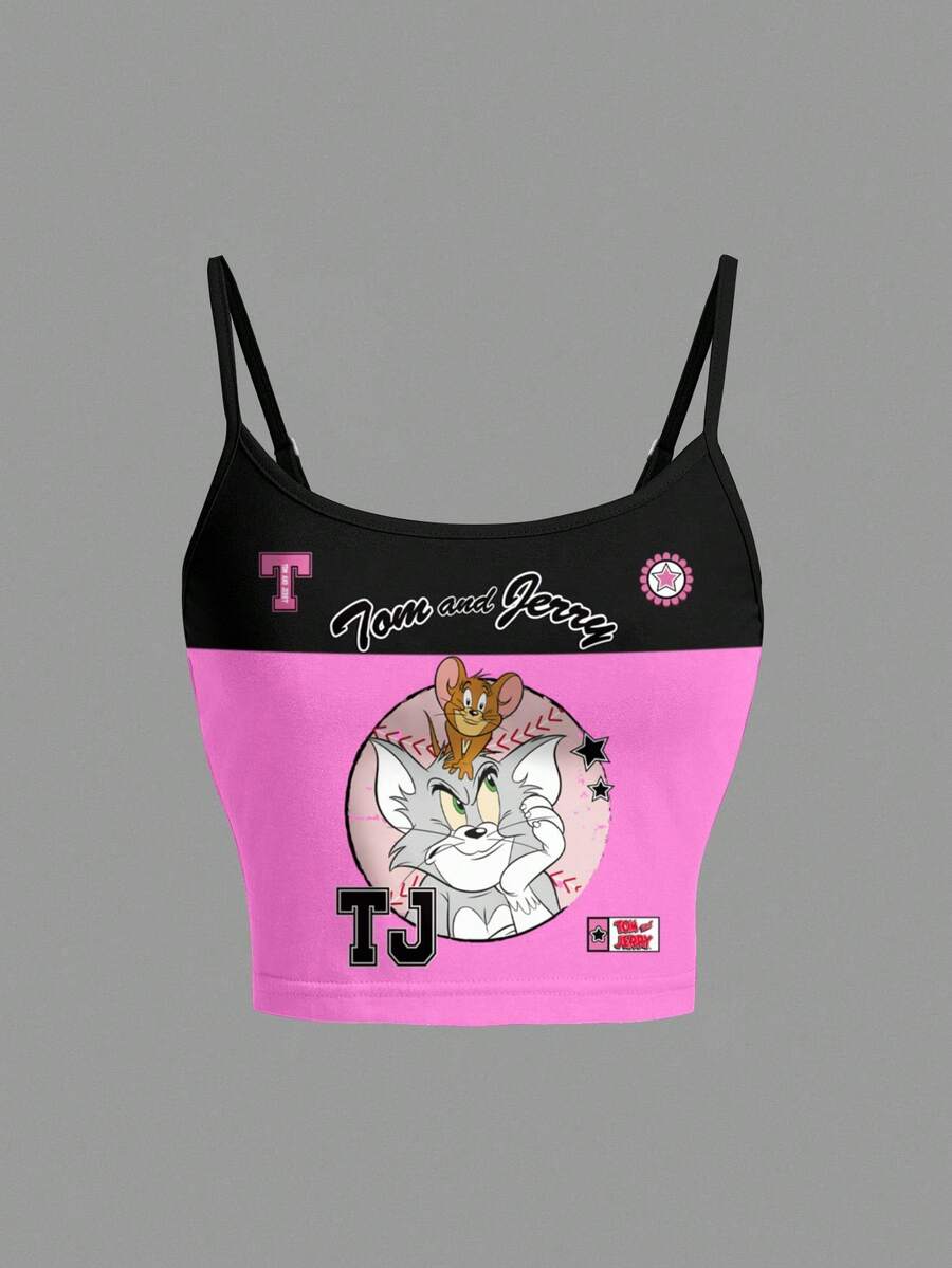 TOM & JERRY X SHEIN Women's Fashion Contrast Color Cartoon Pattern Cropped Camisole Top, Summer - White - View 1