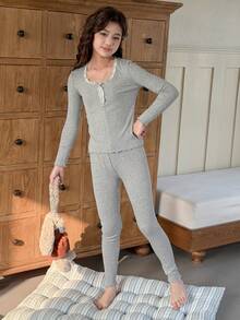 DAZY Tween Girls Lace Patchwork Ruffle Hem Fitted Base Layer Top And Pants Loungewear Set, Autumn - Grey - View 3