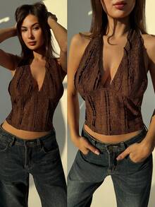 Aloruh Lace-Up Backless Halter Top For Women, Valentine For Women, Valentine For Women - Coffee Brown - View 10