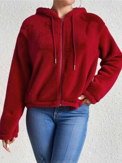 Sudadera de invierno para mujer, de color liso, de doble cara, de forro polar coral con cremallera y capucha, holgada, talla grande, cálida y cómoda.