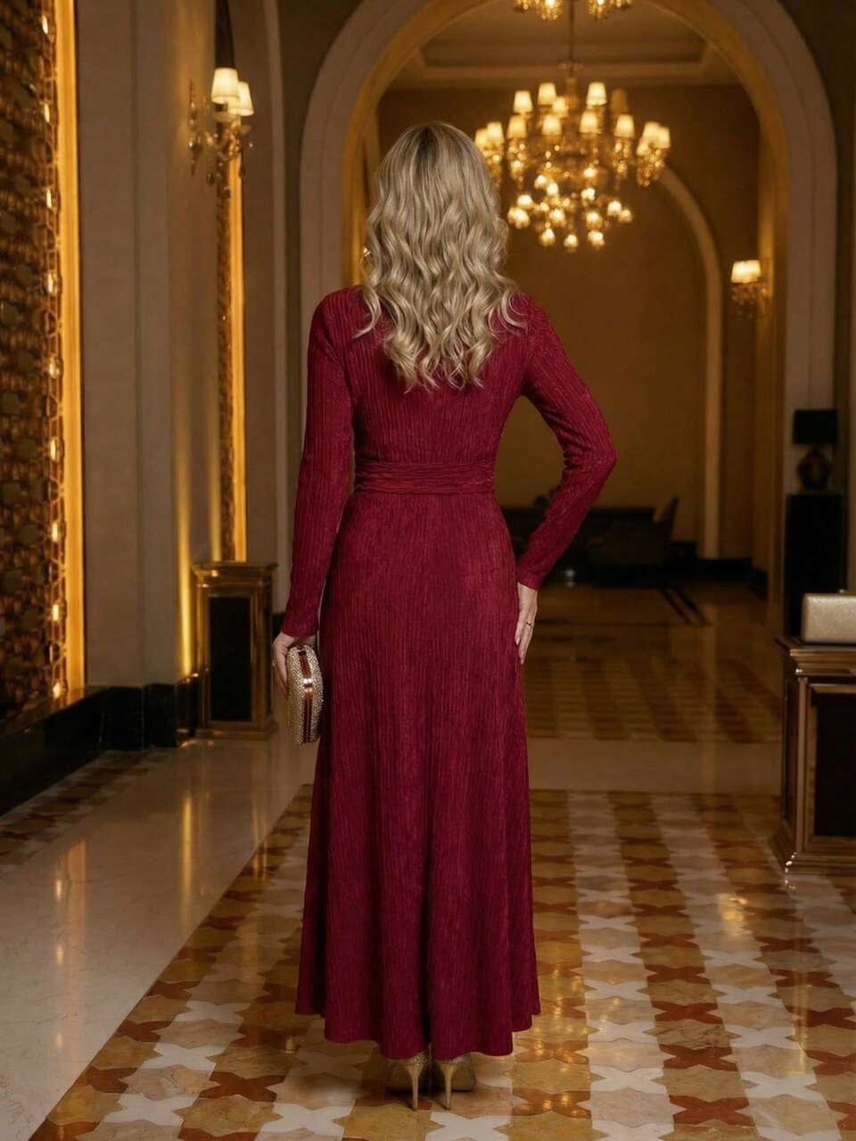 Elegant Burgundy Autumn Dining Dress For Women,Minimalist Casual Solid Color Waist Cinched Long Sleeve Christmas New Year Party Red Dresses