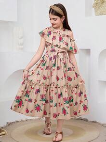 SHEIN Tween Girl Beige Flower Print Asymmetric Ruffle Trim A-Line Waist Belt Deco Khaki Floral Print Dress, Suitable For Girls Festivals, Family Gatherings And Special Occasions, Sibling Outfits Sisters Style Outfit, Cute & Elegant & Sweet & Vintage & Fashionable. Spring And Summer, فساتين بنات, فساتين بنات جلابياتjalabiya  عباياتabaya  الملابس التقليدية العربية - Khaki - View 6