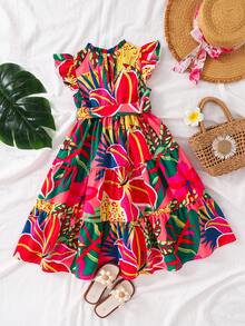 SHEIN Young Girl Cake Flower Pattern Dress With Belt And Ruffle Sleeves - Red - View 4