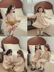 Emery Rose Kids Emery Rose Kids Apricot Peter Pan Collar Spring Summer Floral Embroidery Fashionable Doll Dres,Back To School Mommy And Me Girls Heart Print Shirt Tween Girls T Shirts White Top For Kids Cute Tops For Kids Long Sleeve Shirts Girls,Valentine's Day,Khaki - Multicolor - View 8