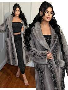 SHEIN SXY Women's Fashion Faux Fur Collar Slant Pocket Super Long Jacket, Winter - Grey - View 6