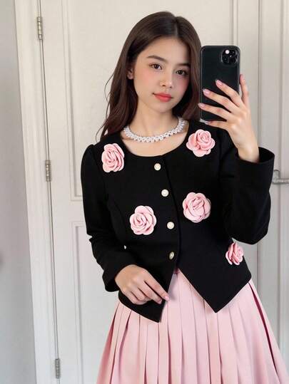 SHEIN Sparklyn Teenage Girls' Shirt Set, Teen GirlShirt Set, Black Top Paired With Pink Pleated Skirt, 3D Floral Decor, Elegant Style For Spring/Autumn