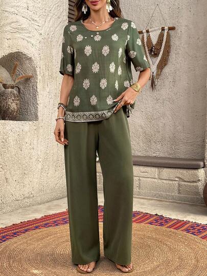 EMERY ROSE Women's Round Neck Raglan Sleeve Vintage Casual 2 Pieces Set, Summer Summer Vacation Outfits Ladies Casual Sets Blouse And Pants Set Olive Green Outfit Women Boho Pants For Women