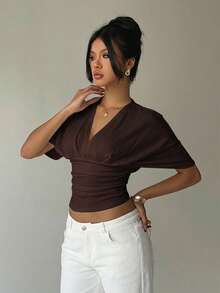 Aloruh Áo thun nữ tay ngắn cổ chữ V sâu màu mơ viền bo gấu - Cà phê nâu - Xem 6