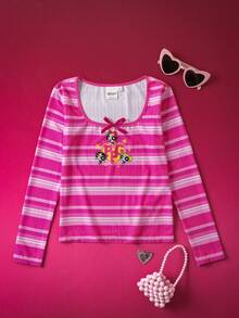 THE POWERPUFF GIRLS X SHEIN Áo thun dệt kim gân cổ tròn tay dài họa tiết hoạt hình dễ thương cho bé gái tuổi mới lớn màu hồng và trắng họa tiết sọc nơ trang trí - Hồng - Xem 2