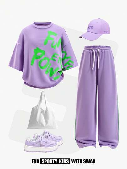 JNSQ Tween Girls 2-delat set: Löst bokstävertryckt rund halsad kortärmad tröja + avslappnade raka träningsbyxor, lämplig för vår/sommar utomhusaktiviteter, casual, semester, streetstyle och fritid