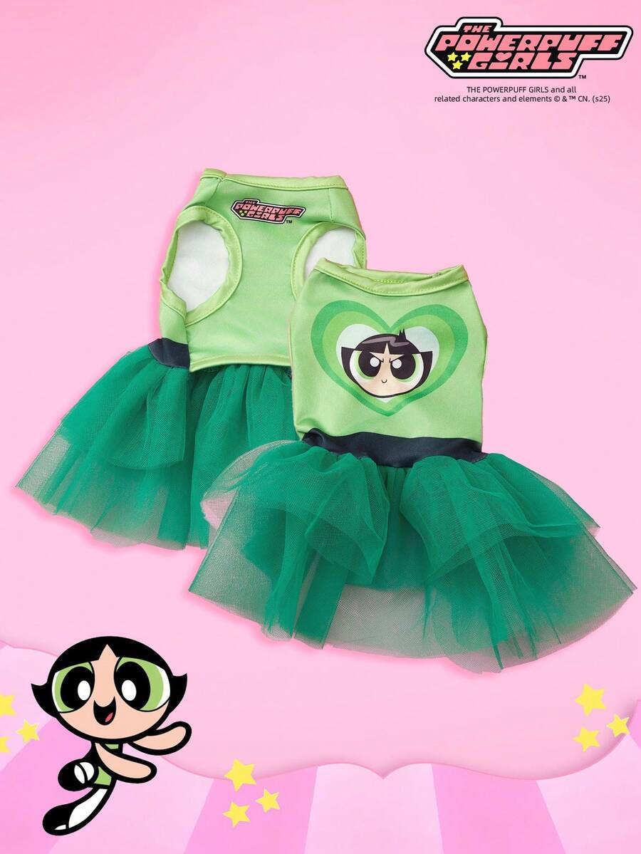 THE POWERPUFF GIRLS X PETSIN 1件黑色头发大眼睛女孩爱心印花宠物连衣裙 绿色简约风格亲肤透气宠物服装 - 綠色 - 查看 1