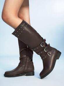 Sugerpunk Giày bốt nữ cao đến giữa bắp chân, chất liệu da PU, có khóa kéo và đinh tán, kiểu dáng thường ngày, đa năng. - màu nâu - Xem 5