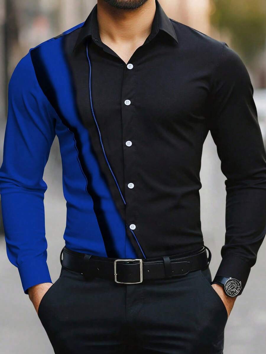 Manfinity Mode Men Color Block Patchwork Shoulder Button Front Long Sleeve Shirt, Formal - Black - View 1