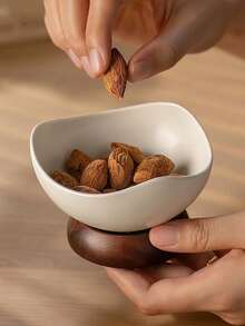 1pc Ceramic Dessert Bowl With Wooden Base - Multi-Use For Ice Cream, Dates & Nuts, Small Serving Tray For Home & Cafe - Multicolor - View 7
