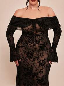 SHEIN BAE 大码女士露肩喇叭袖鱼尾连衣裙 - 黑色 - 查看 6