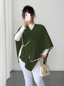 Elenzga 女士优雅时尚宽松大码毛衣斗篷，适合秋冬季外套穿着 - 軍綠色 - 查看 4