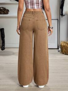 SHEIN ICON Quần jean ống rộng đơn sắc, thường ngày, đa năng, có túi - màu nâu - Xem 2