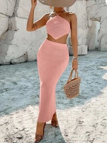 Breezaya 2pcs/Set Baju Rajut Kasual Musim Panas Model Halter Berongga Warna Polos untuk Liburan - Berwarna merah muda - View 5