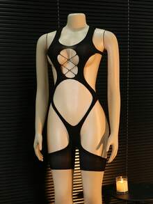 ChaseTheNight Black Hollow-Out Bodysuit, Bold Cut Design, Suitable For Nightlife Moments - Black - View 1