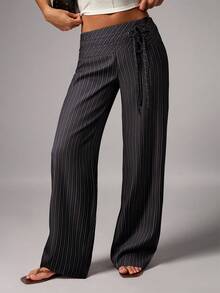 Avenya Striped Low Waist Wide Leg Floor Length Pants With Dual Waist Tie Decoration