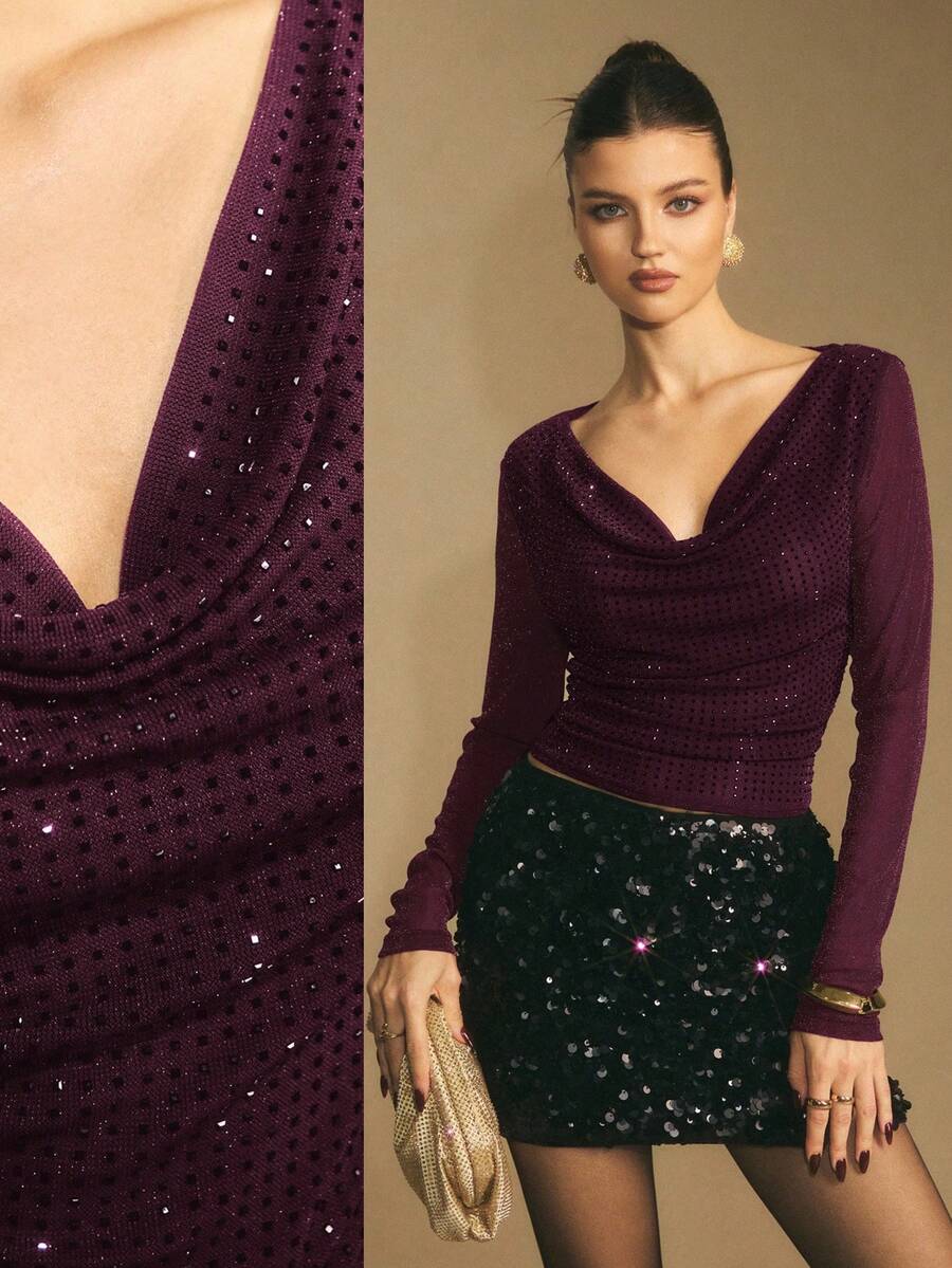 Poéselle Women's Elegant Party Ruched Rhinestone Embellished Draped Neck Long Sleeve T-Shirt, Spring/Autumn - Burgundy - View 1