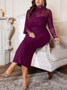Firerie Vestido de manga larga con pliegues en la cintura y adornos de strass, elegante y de talla grande, para otoño - Rojo violeta - Ver 7