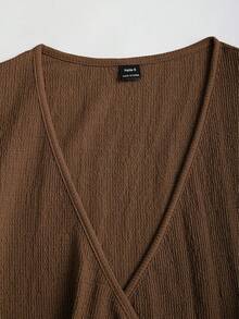 Sweetra Petite 2件套 女士简约通勤针织纹理舒适休闲金属扣装饰小号套装，秋冬款 - 棕色 - 查看 7