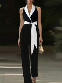 Elenzga Bộ jumpsuit nữ thanh lịch, thời trang công sở, phối màu tương phản, cổ shawl, không tay, thắt lưng, dáng xòe, thích hợp cho mùa Xuân/Hè/Thu. - Đen và trắng - Xem 8