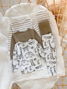 Baby Boy Cute Casual Striped Cartoon Pattern Short Sleeve Tight-Fitting Pajama Set, Multi-Color