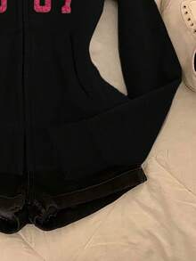 Glimmora Women's Slim Fit Sweatshirt Jacket With White Printed Graphic - Black - View 4