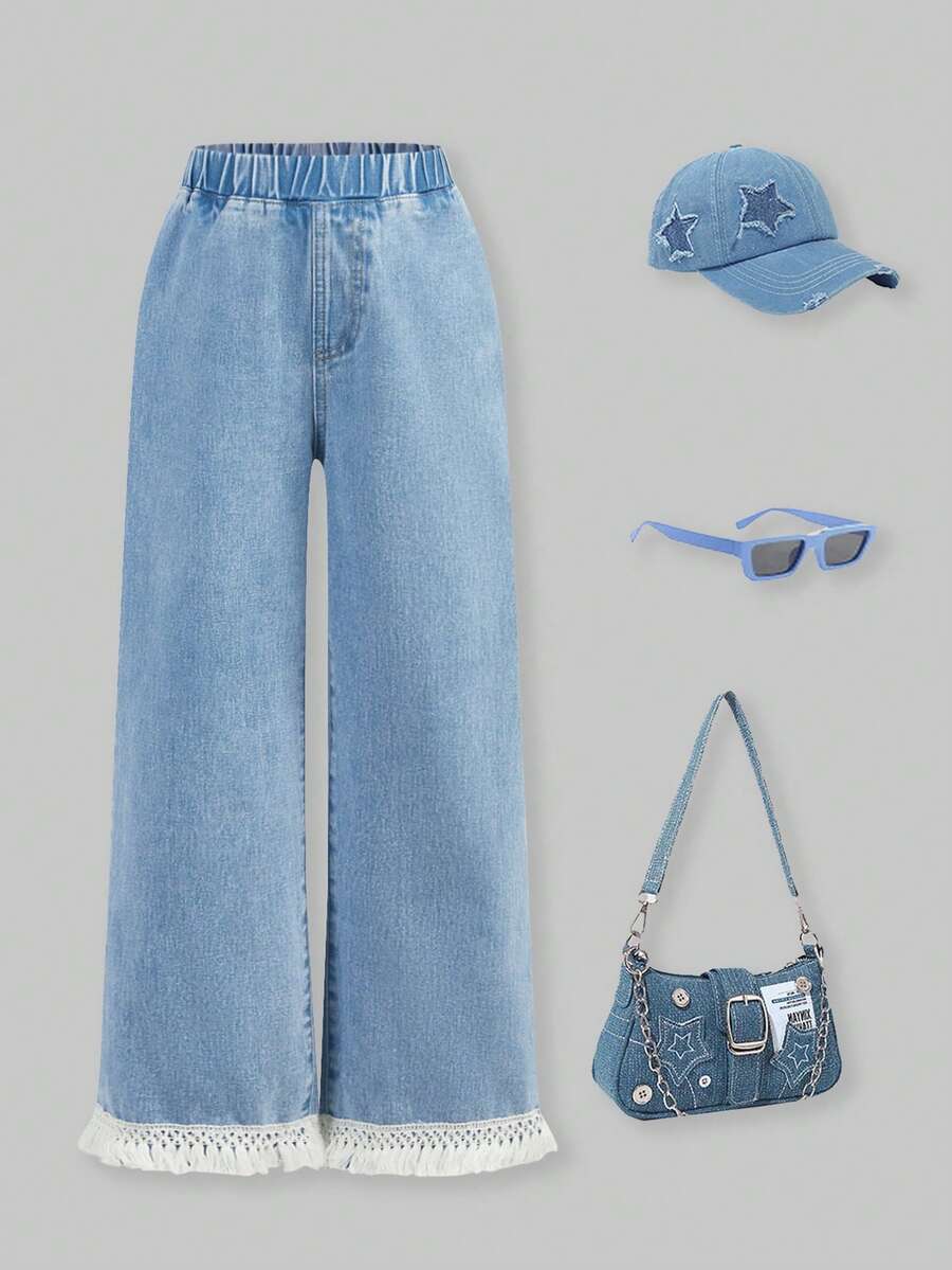 SHEIN ChillGRL Girls' Distressed Blue Butterfly Embroidery Print Straight Leg Jeans Denim Set For Teenagers Girls - Light Wash - View 1