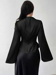 Firerie Women's Elegant Long-Sleeved Shirt / Glossy Top / Faux Silk Satin Shirt / Commuter Shirt / Black Blouse / Office/Business Attire / New Year's Look / Vintage Style Shirt / Bell Sleeve Shirt Cowl Neck Dress Long Sleeve Elegant Dress Black Classy Dress - Black - View 7