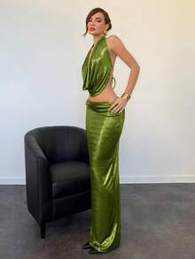 Aloruh 派对及舞蹈用深V领露背吊带背心+低腰H字长裙套装 - 橄欖綠 - 查看 5