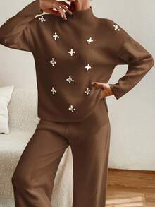EURMUSE Women Sweater With Pearl Detailed And Knit Pant - Brown - View 2