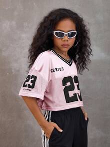 Coolane Kids Tween Girls Blush Pink Summer Streetwear School Back-To-School V-Neck Mesh Fabric Letter & Number Print Loose Cropped T-Shirt,Cute Fashionable Jersey - Pink - View 3