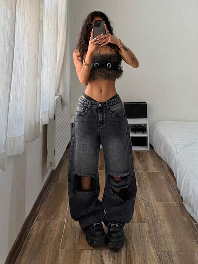 StreetHx 时尚休闲街头风复古做旧低腰阔腿牛仔裤