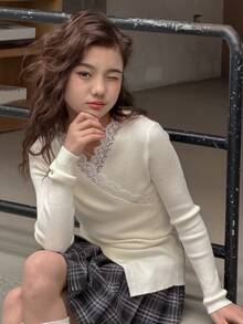 DAZY Tween Girls Asymmetric Collar Lace Patchwork Long Sleeve Sweater, Elegant & Graceful, Autumn/Spring - Beige - View 7