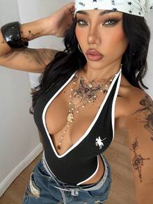 Coolane Women's Winter Clothes Going Out Vacation Outfits Streetwear Stretchy Deep V-Neck Halter Backless Bodysuit Jumpsuits