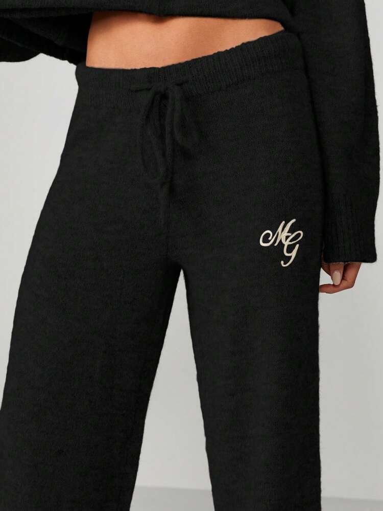 MISSGUIDED High Waist Knit Trousers With Script Embroidery Wide Leg Sweatpants Relaxed Fit Joggers Ribbed Cuffs Drawstring Closure Winter Loungewear