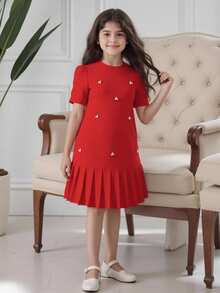 1-Piece Tween Girls Elegant Red Pearl-Decor Short-Sleeve Dress With Smooth Fabric Texture, Celebration-Ready Style, Soft Stretch Comfort And Multi-Scene Matching For Parties And Daily Wear - Red - View 9