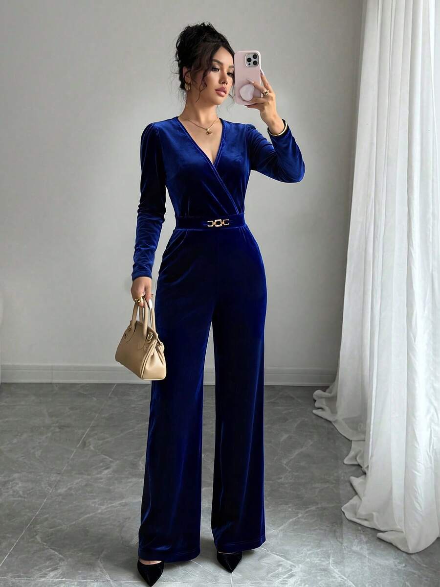 Selianne Metal Buckle Waist Fitted Velvet Jumpsuit For Party - Royal Blue - View 1