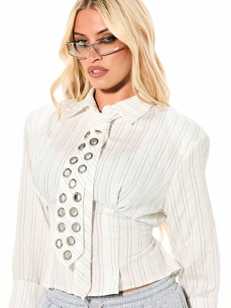 SUMWON WOMEN Pinstriped Button Front Blouse With Tie Detail