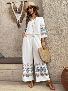 EMERY ROSE Women's V-Neck Graphic Print Top And Pants Casual Vacation 2 Pieces Set Boho Two Pieces Set Women Vacation Outfit Sets Women's 2 Pieces Summer Sets Pant Suit Summer Sets Boho For Women Vacation Outfits Women Casual - Multicolor - View 8