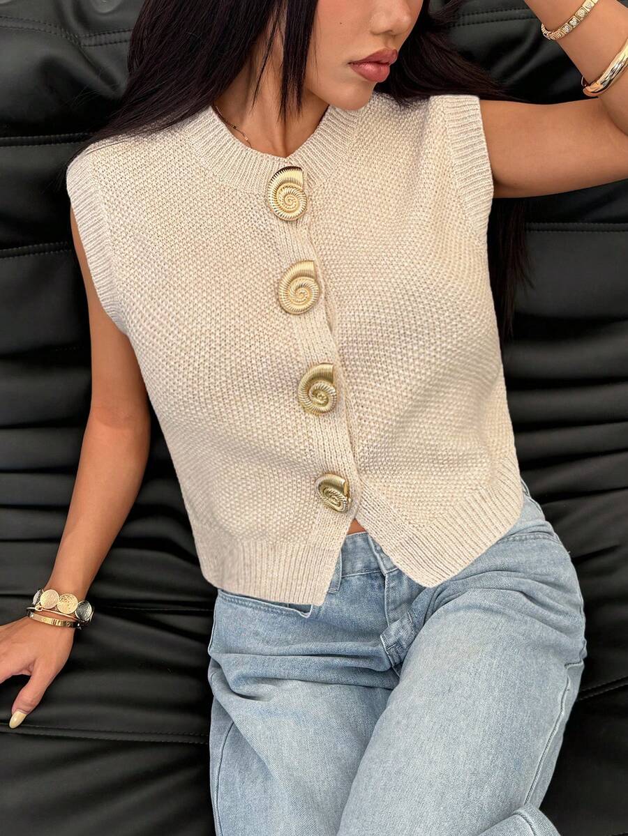 SHEIN PETITE Women's Casual Commuter Metal Buckle Knit Cardigan,Fall - White - View 1