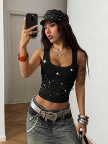 StreetHx 女士时尚街头风水钻褶皱圆领修身背心，夏季 - 黑色 - 查看 3