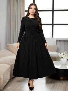 Modelyn Plus Size Solid Color Minimalist Elegant Casual Round Neck Long Sleeve Dress Office Cocktail Formal Cocktail Formal Black Autumn Fall - Black - View 3