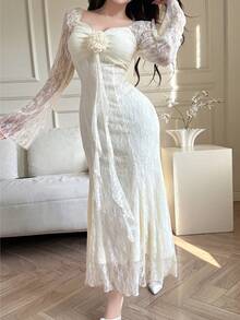 Feyla Women's Solid Color Minimalist Lace Patchwork Long Sleeve Dress, Casual Everyday Wear - Apricot - View 3